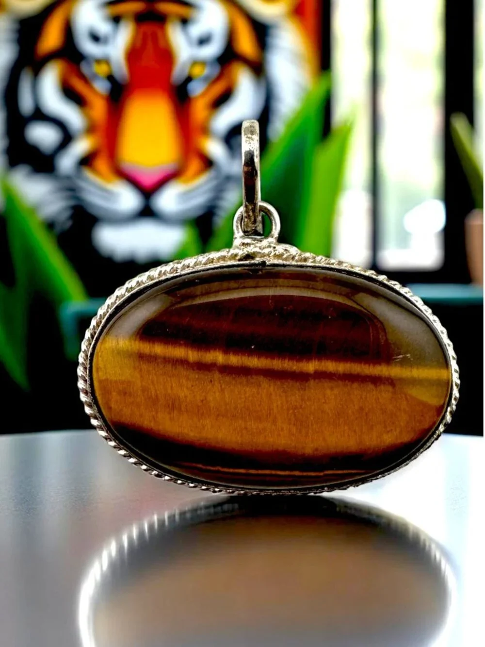 Large Tiger’s Eye Pendant East West Cabochon Vintage Silver Artisan
